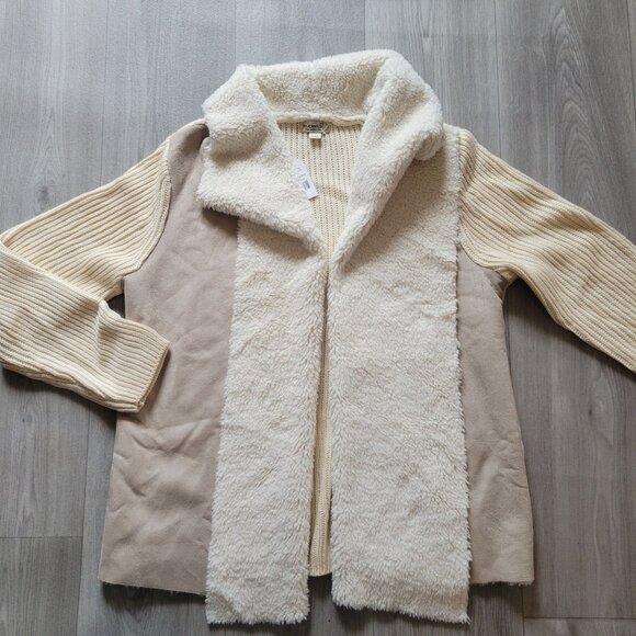 One World Oversized Beige Open Front Cardigan Faux Suede Sherpa Lining NWT L - Picture 2 of 8